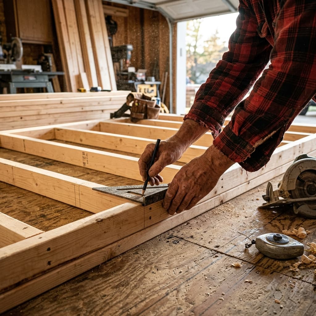Close-up of 12x16 shed wall framing layout with 2x4 studs at 16 inches on center on a plywood subfloor
