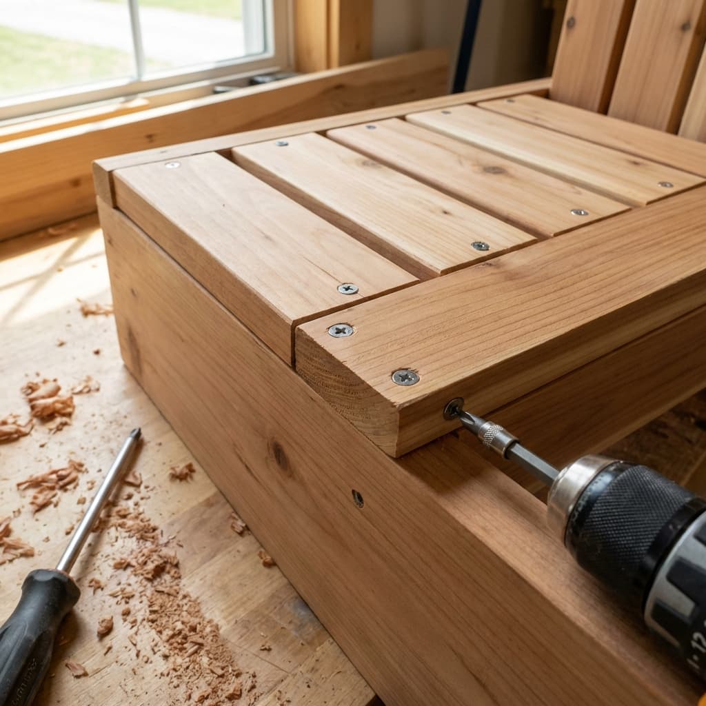 Driving stainless steel screws into the cedar seat slats with a drill