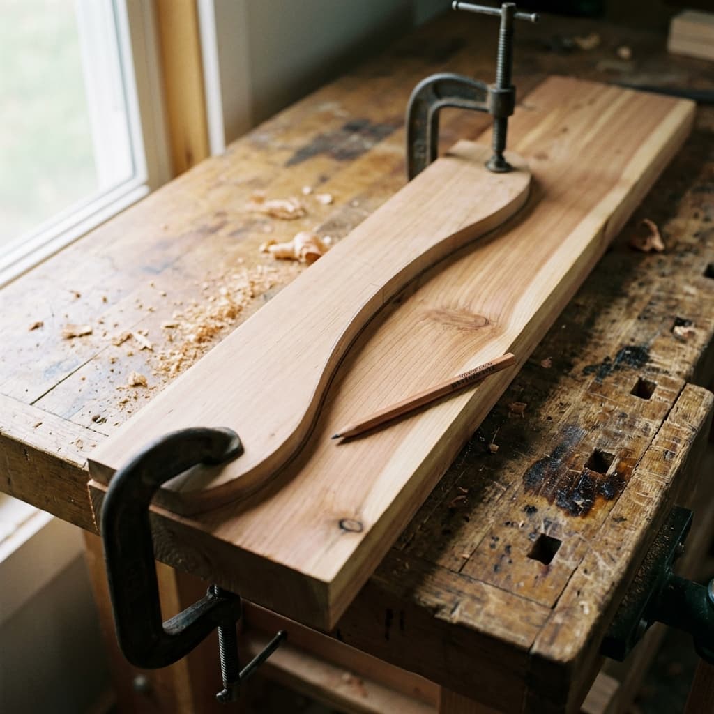 Tracing the curve of the chair armrest onto cedar lumber using a wooden template