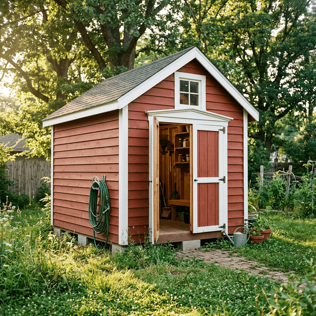 Completed DIY wood-framed backyard shed with cedar siding and barn red paint, built from professional CAD-grade plans