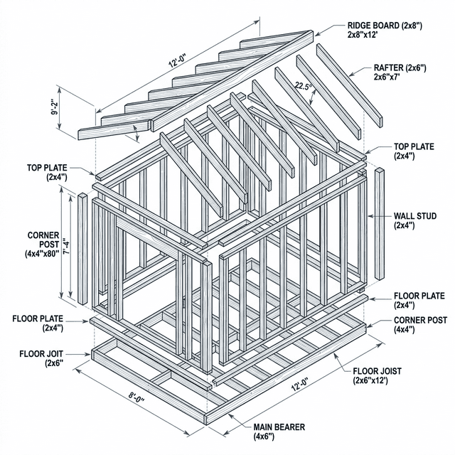 Technical exploded 3D isometric diagram of a wooden shed frame showing precise joints and labeled components