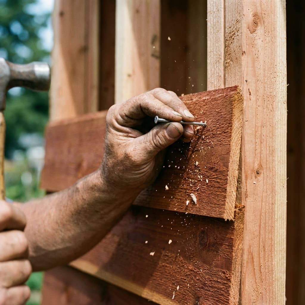 Close up of nailing cedar siding