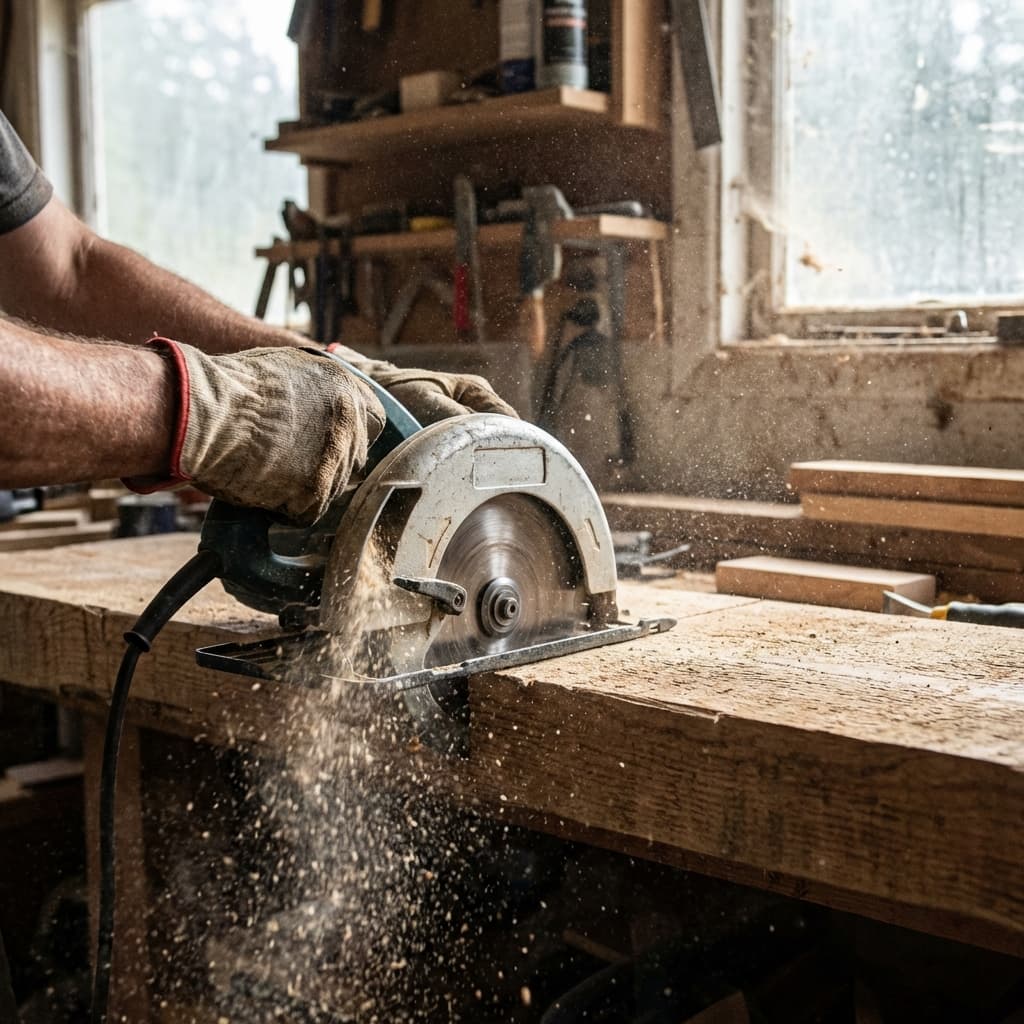 Close up of carpenter cutting wood with a circular saw, sawdust flying