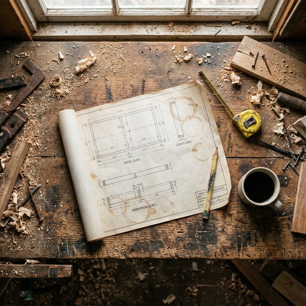 Overhead view of messy workbench with blueprints and coffee