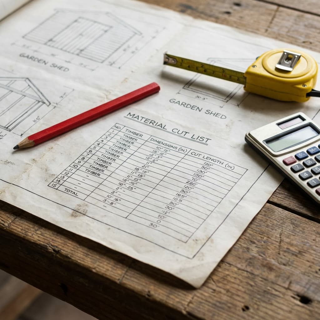 Close-up of shed blueprints showing the Material Cut List table