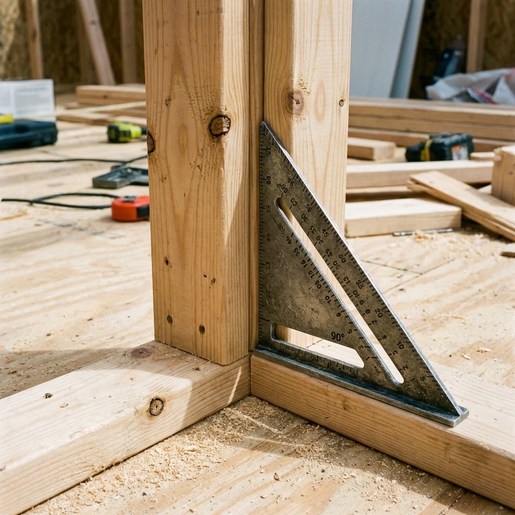 Speed square resting on a perfect 90-degree corner of the wooden shed frame