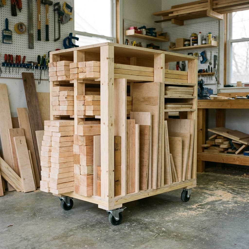 DIY plywood lumber cart on heavy-duty caster wheels