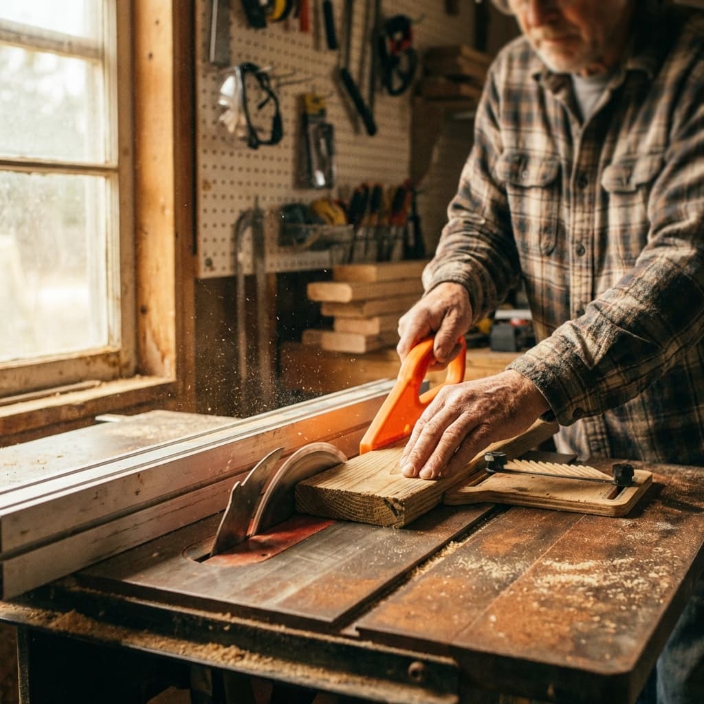 Craftsman using bright orange push stick to safely guide board through table saw