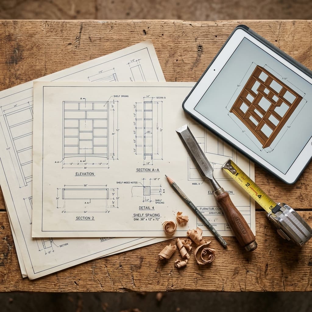 Blueprints, tablet with 3D model, and woodworking tools on a rustic workbench