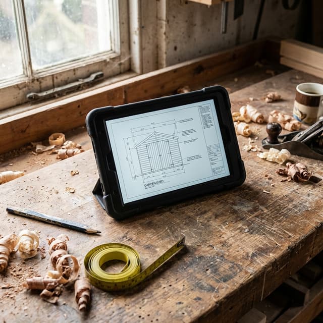 Professional woodworking plans displayed on tablet with carpenter tools on workshop bench