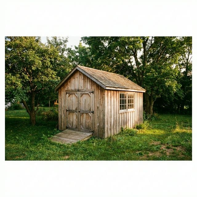 Beautifully completed DIY wooden backyard garden shed at golden hour