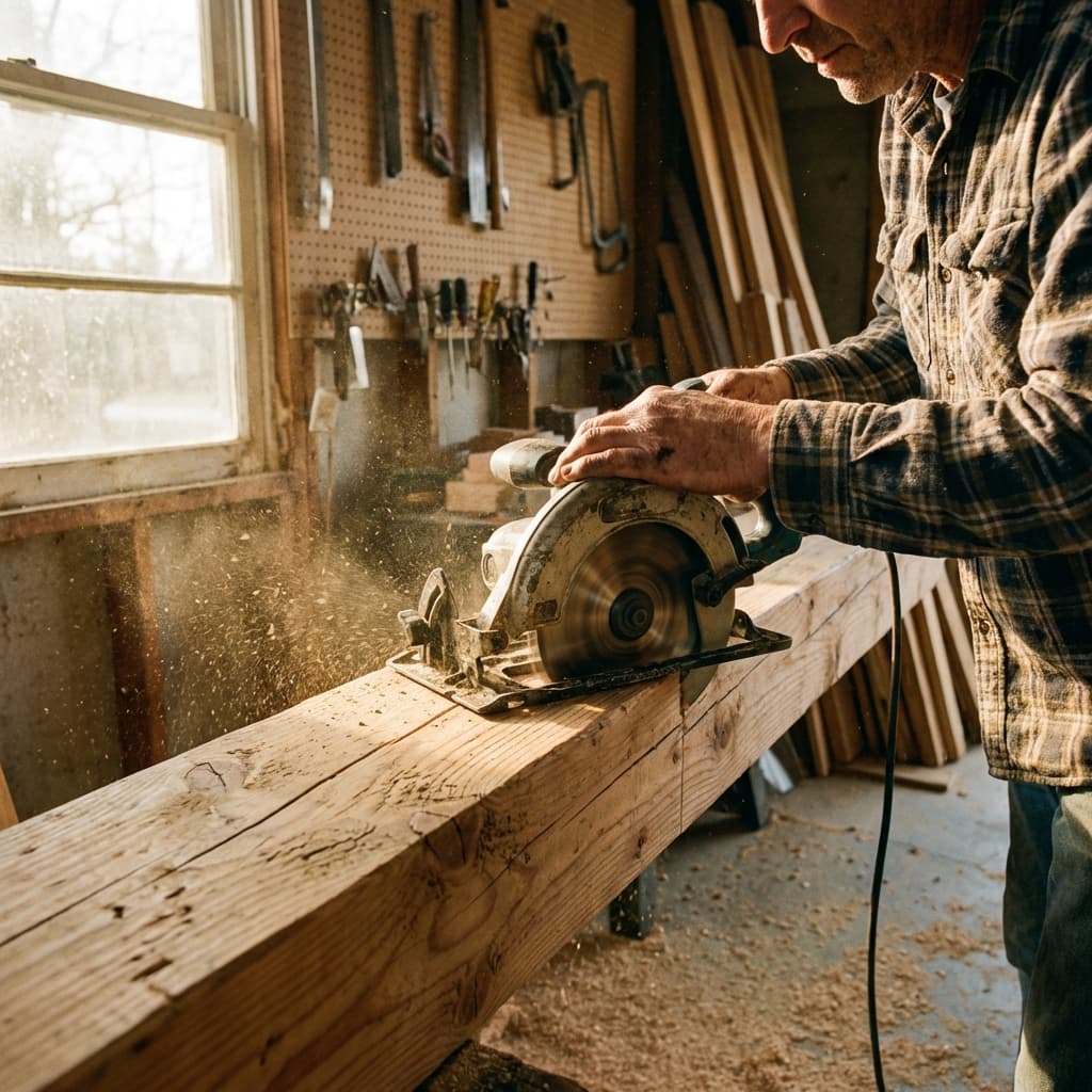 Middle-aged craftsman cutting lumber with circular saw in authentic workshop