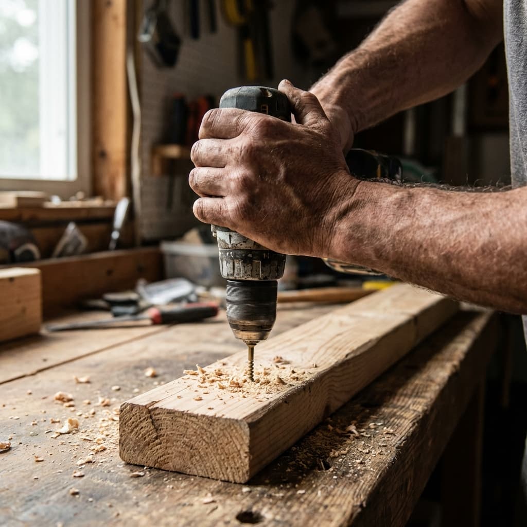 Close up of carpenter driving screws into the 2x4 frame