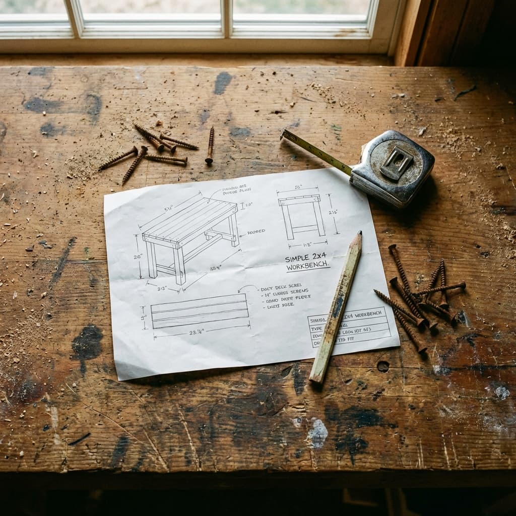 Overhead view of workbench plans on a messy table