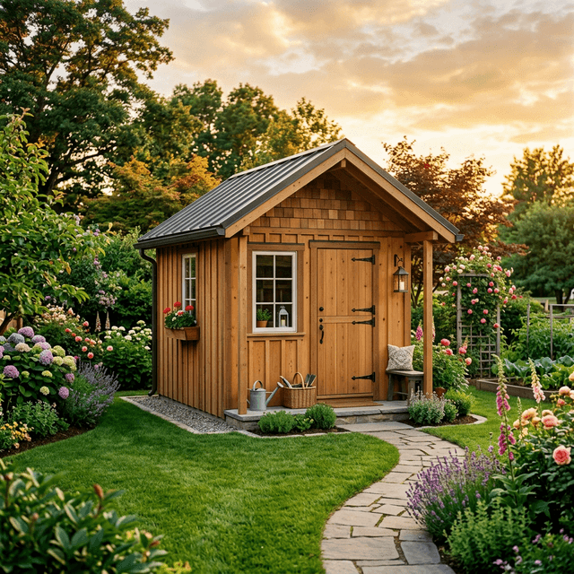 Beautifully completed DIY wooden backyard garden shed at golden hour