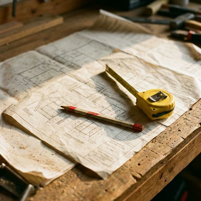 Close-up of professional architectural blueprints and step-by-step garden shed building plans