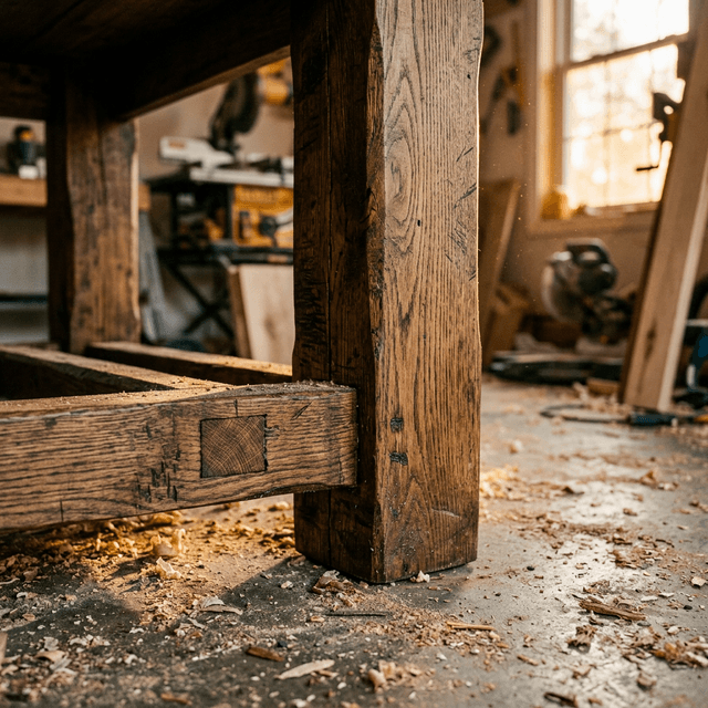 Close-up macro photography of chunky, beautifully stained rustic farmhouse dining table wooden legs resting on a sawdust floor