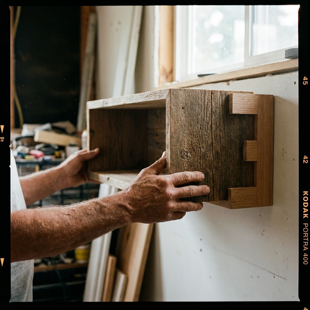Hands sliding the wooden shelf box over the wall bracket