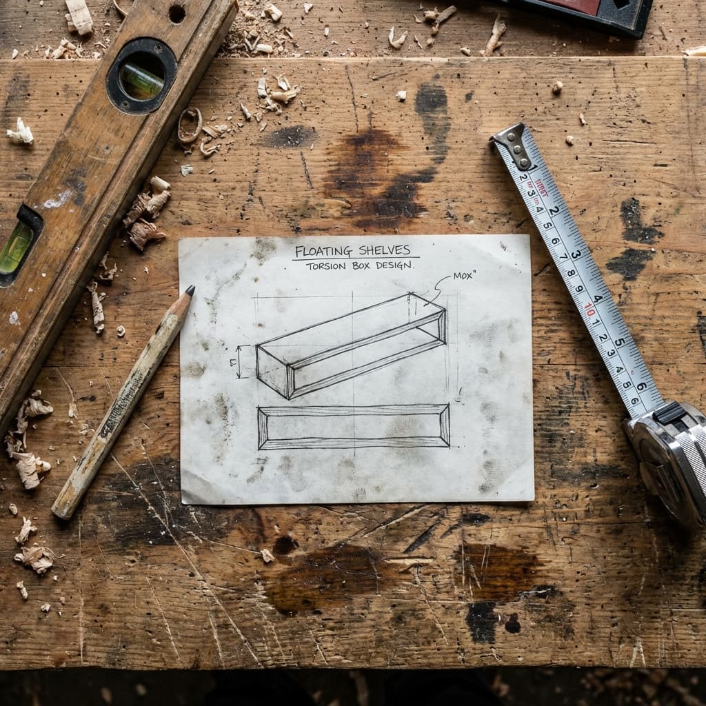 Floating shelf blueprints and materials on a workbench