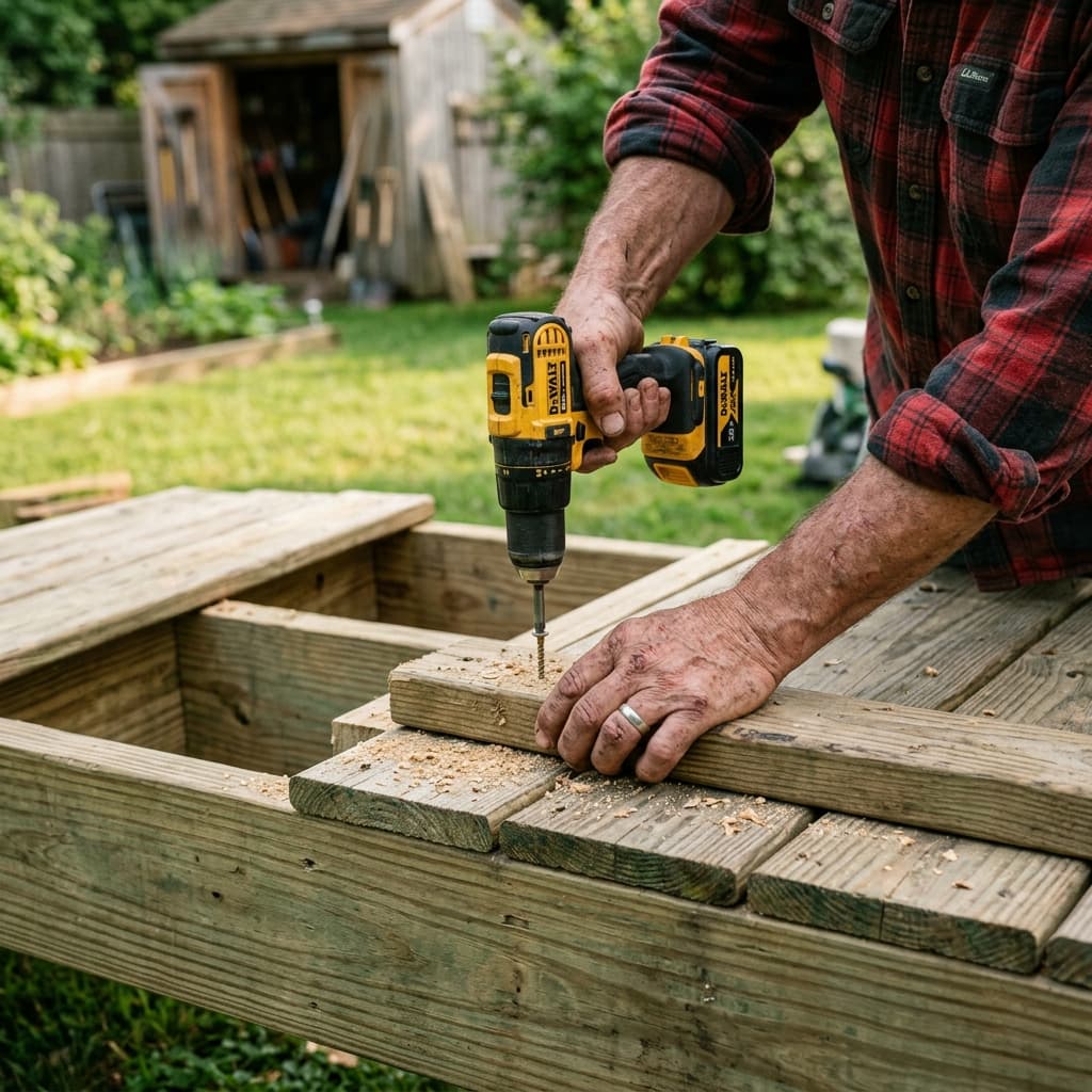Mark installing cross-cleat traction board on shed ramp with cordless drill