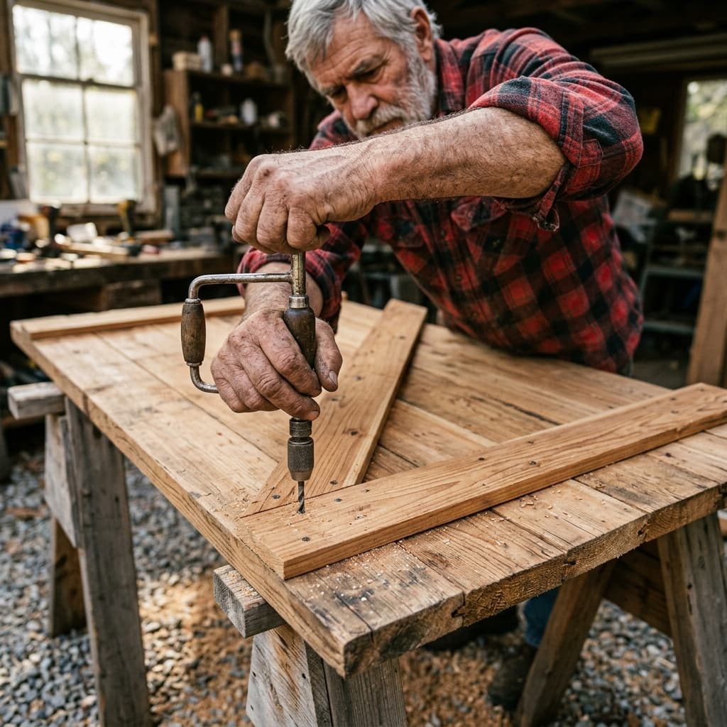 Mark's calloused hands drilling Z-brace diagonal board into shed door panel on sawhorses