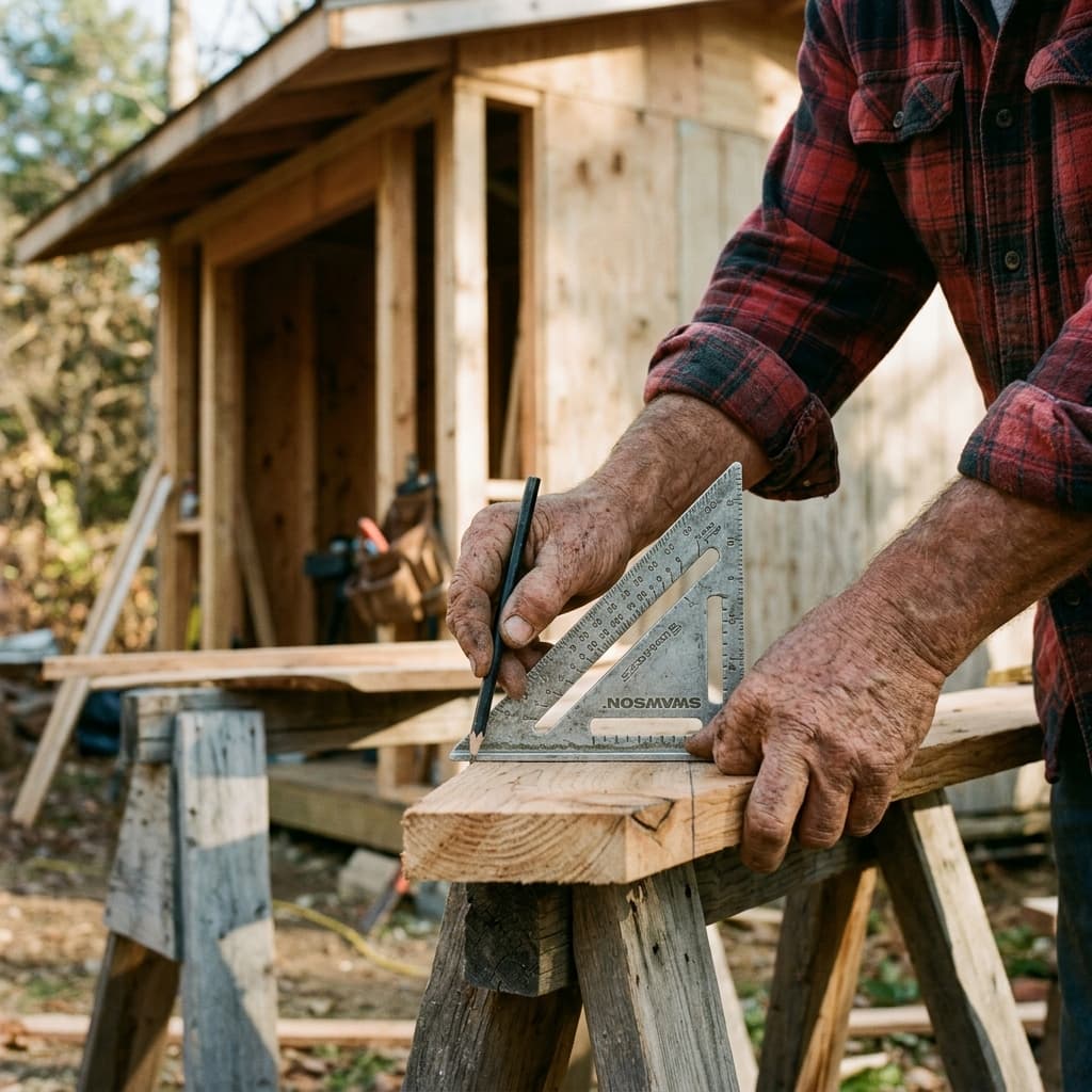 Mark marking rafter tail angle cut on 2x6 board with a speed square outside the shed