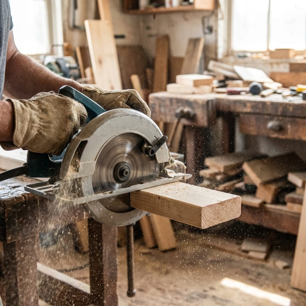 Close up of carpenter cutting wood with a circular saw