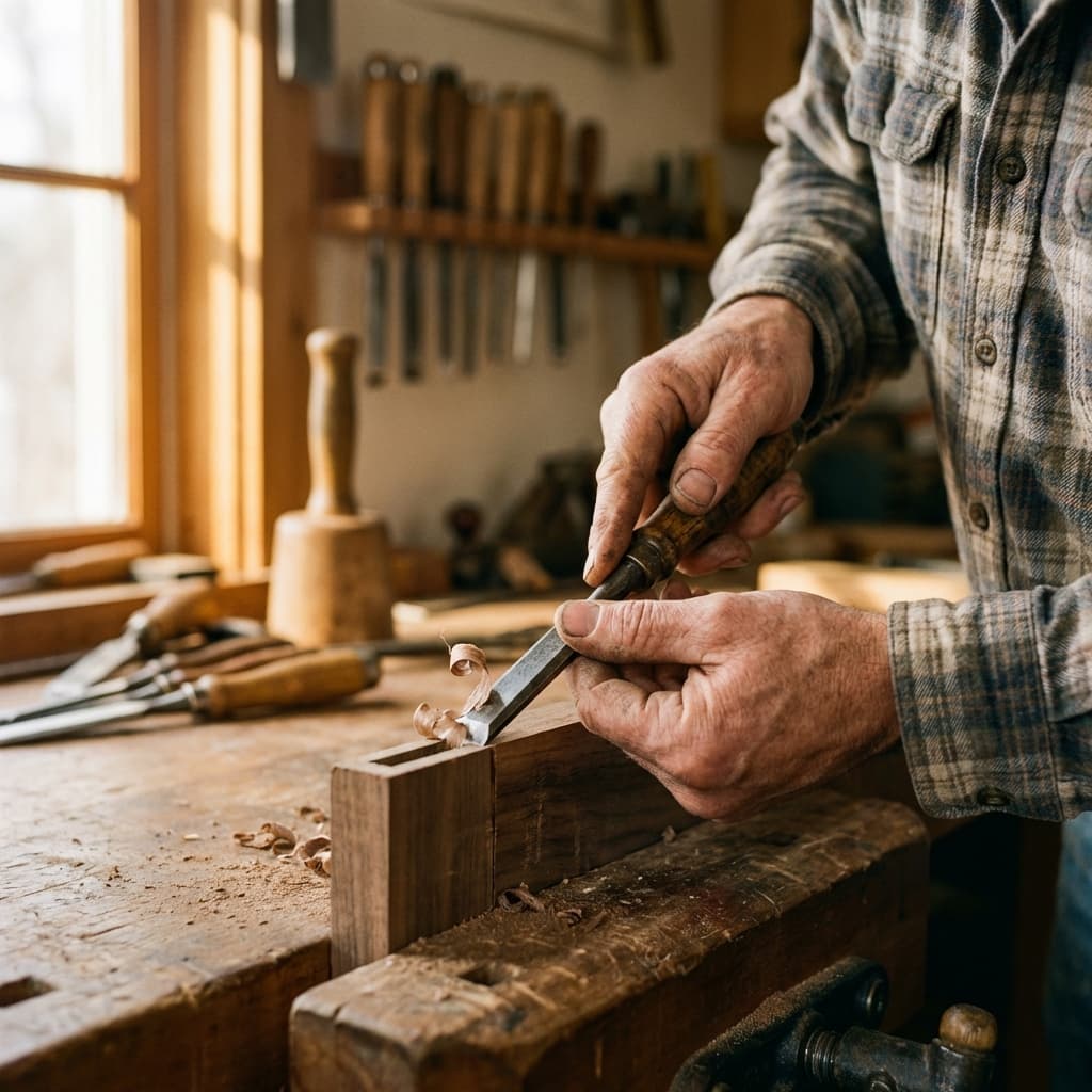 Craftsman's hands carefully chiseling mortise joint in hardwood with precision