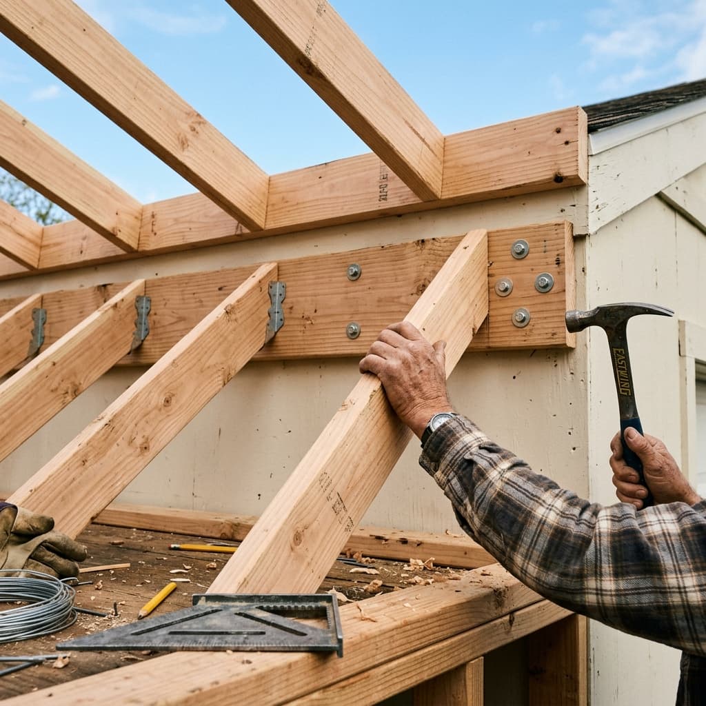 Close-up of lean-to shed rafters being installed from ledger board to front wall top plate
