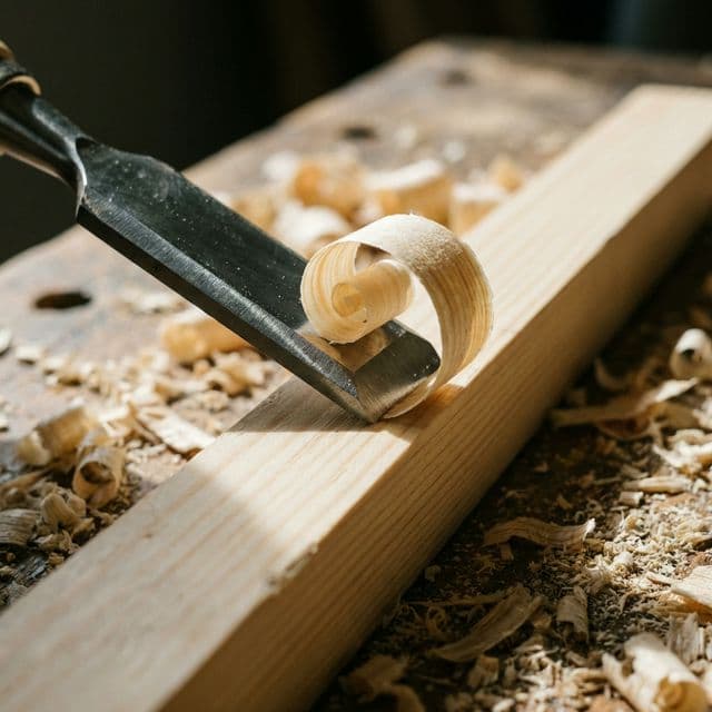 Macro shot of a sharp chisel cleanly peeling a thin shaving of pine wood