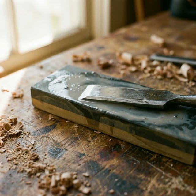 Close-up of a chisel on a wet sharpening stone with metal swarf