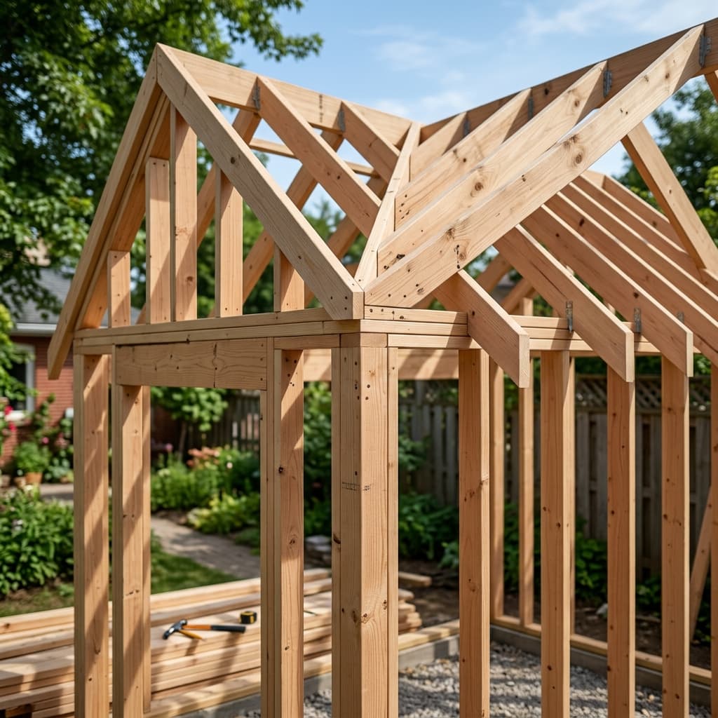 DIY Shed framing in progress showing clean lumber and precise joints