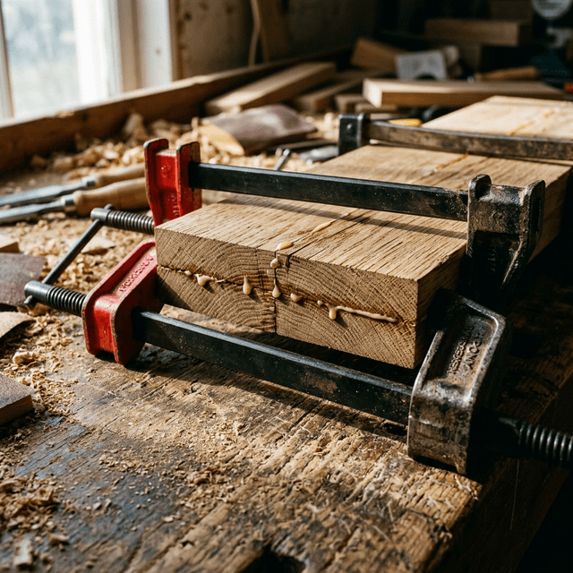 Macro photography of grained oak wood tightly clamped together with yellow wood glue squeezing out