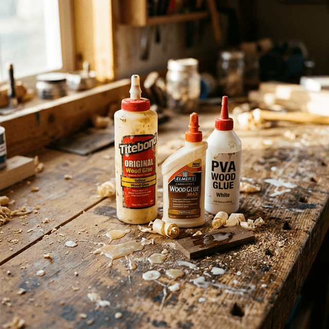 Close-up macro photography of several different bottles of yellow and white wood glue sitting on a dusty workbench