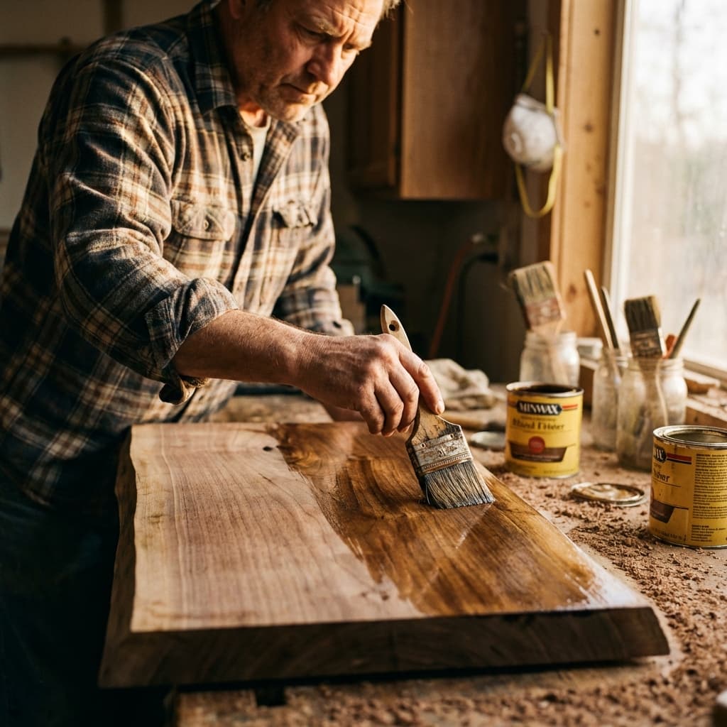 Craftsman applying finish to wood with brush in authentic workshop